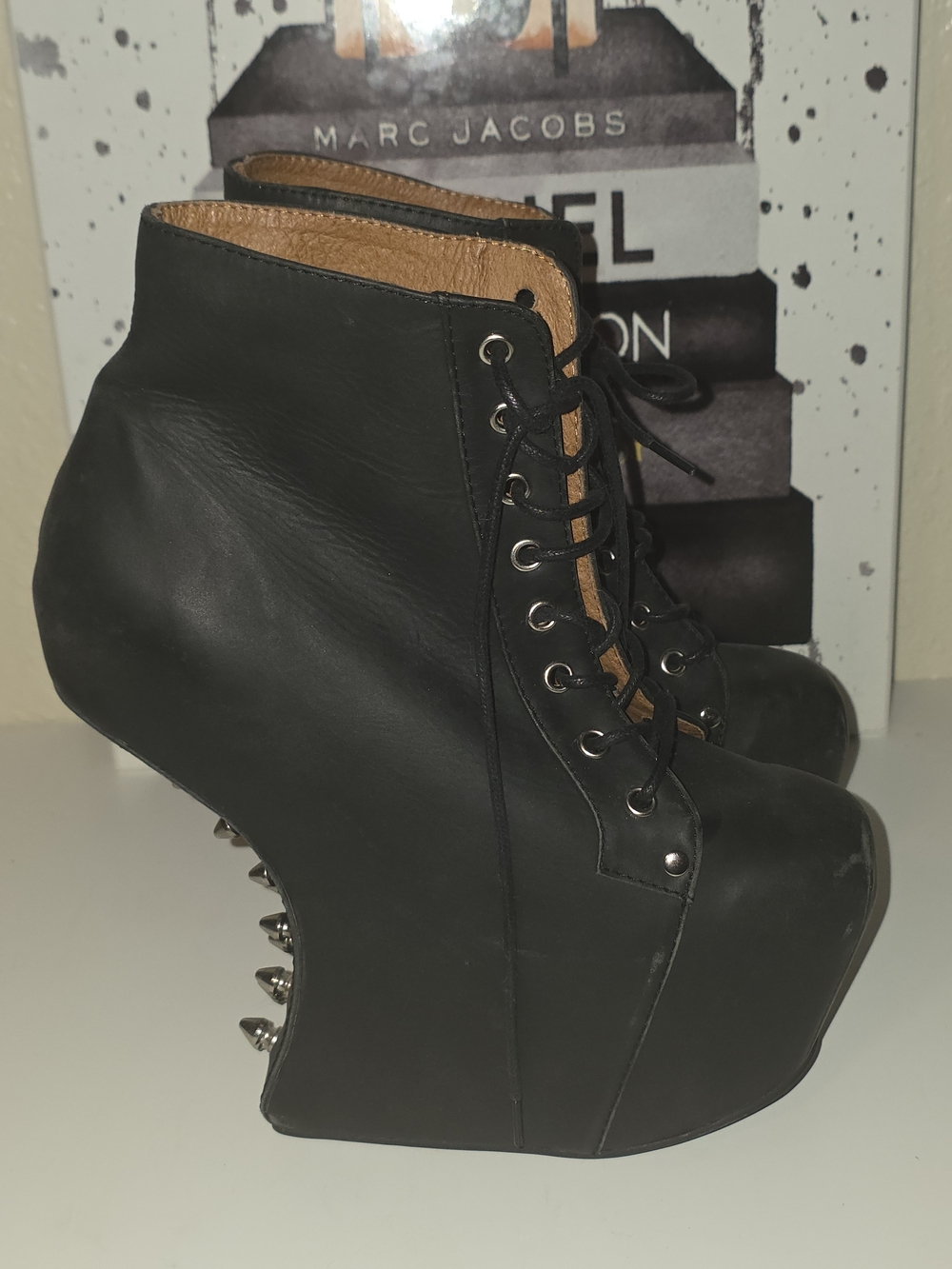 Jeffrey Campbell "NGT-LITA" Black Leather Studded Platform Lace-Up Gravity Wedge - Picture 3 of 9
